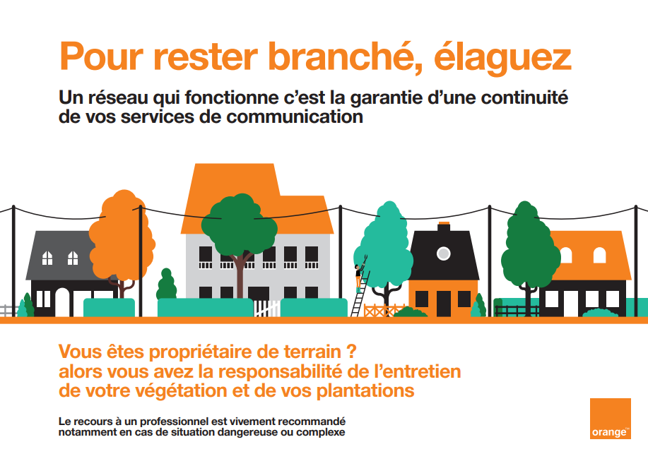 maisons et arbres reliés par fil électrique ou téléphonique en vert et orane